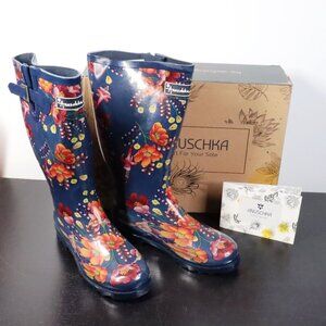 Anuschka Women's 10 Moonlit Meadow Navy Floral Tall Mid-Calf Rubber Rain Boots